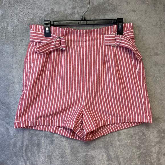 Ci Sono Pants - Ci Sono Red White Striped Paperbag Waist Shorts Size Large Cuffed Belted Summer
